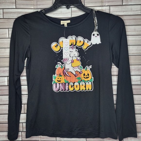New Girls Self Esteem Shirt Long Sleeve Unicorn Halloween Size L Top Black Comfy - Picture 1 of 11